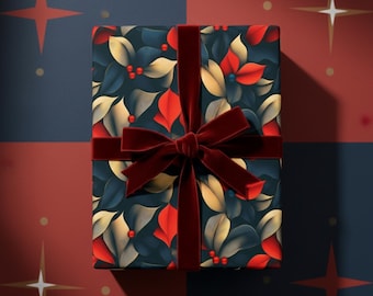 Mid Century Modern Christmas Wrapping Paper: Elegant Holiday Gift Wrap, Dark Blue Holly Berry