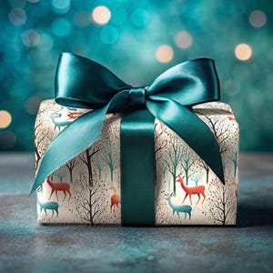 Reindeer Christmas Wrapping Paper Rustic Forest Wrapping Paper Deer Winter Tree Teal Dot Lush Meadow Holiday Gift Wrap Deer Hunter Wrapping