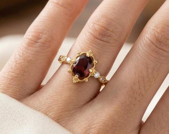 Natural Garnet Ring, 14k Gold Half Eternity Ring, Oval Cut Red Gemstone Ring, Moissanite Wedding Gold Ring, Women Engagement Ring