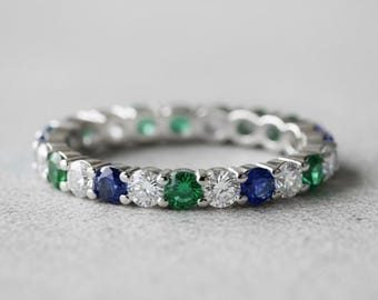 Green Emerald & Sapphire Ring - 925 Silver Eternity Ring - Statement Multi Stone Band - Round Cut Minimalist Ring - Wedding Gifts for Her