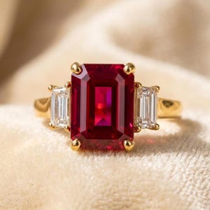 Natural Red Garnet Ring - 18K Solid Gold Ring - Emerald Cut Moissanite Ring - Statement Three Stone Ring - Engagement Gold Birthstone Ring