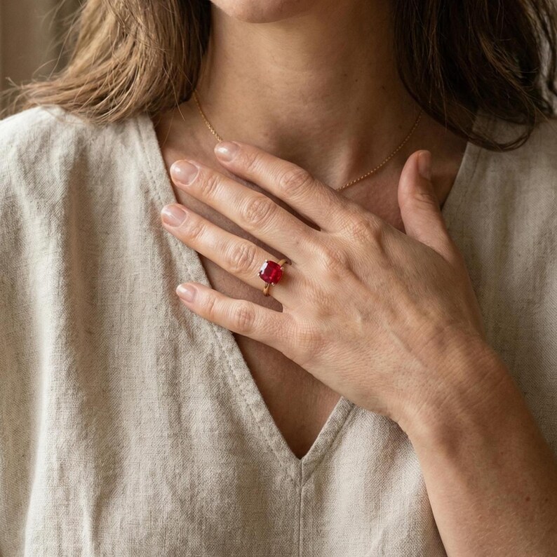 May include: A gold ring featuring a large, square-cut, vibrant red gemstone. The ring is set on a delicate gold band. The image shows the ring on a person's finger, with a gold necklace visible.