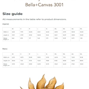 May include: Size chart for a unisex short sleeve t-shirt, Bella+Canvas 3001, with measurements in inches and centimeters. The chart shows the width, length, and sleeve length for sizes XS to 5XL.