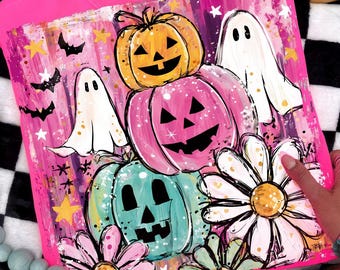 Fantasma de Halloween estilo preppy PNG, calabaza bohemia por sublimación, diseño de camiseta de Halloween en tonos pastel, temporada espeluznante floral PNG, fantasma coqueto y lindo PNG