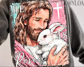 He Is Risen png, Jesus with Bunny Png, Jesus Easter Png, Christian Bunny Art Png, Matthew 28:6 Scripture PNG, Easter Religious Design