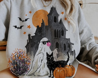 Ghost Blowing Bubble Gum Png, Brushstroke Halloween Sublimation Design, Girly Haunted House Shirt Design, Trendy Floral Fall Png