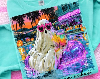 Summerween Vibes Png, Halloween Summer Ghost Digital Download, Upiorny sublimacyjny materac do pływania, Uroczy projekt koszulki plażowej z dynią, Upiorne wibracje