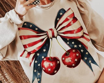 Retro America Coquette Png, Cherry Coquette Bow Png, Trendy America Png, 4 lipca Png, Dzień Pamięci PNG, Dziewczęce USA Png, Retro Summer Png