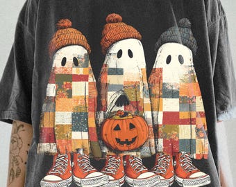Patchwork Ghosts Png, Fall Girly Png, Autumn, Cozy Spooky Fall Shirt Design, Retro Halloween Ghost Png, Autumn Png