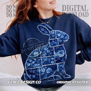 May include: A navy blue sweatshirt with a patchwork rabbit design. The rabbit is made up of blue floral patterns. The words "DIGITAL DOWNLOAD", "DO NOT COPY", "CLACE DESIGN CO", and "ORIGINAL DESIGNER" are also visible.
