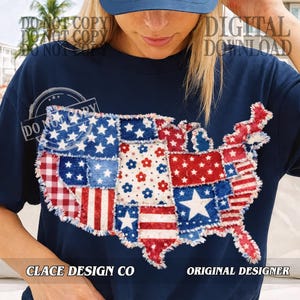 May include: A navy blue t-shirt with a patchwork design of the United States map. The map is made up of various patriotic patterns, including stars, stripes, and floral accents. The shirt has the text "CLACE DESIGN CO" and "ORIGINAL DESIGNER".