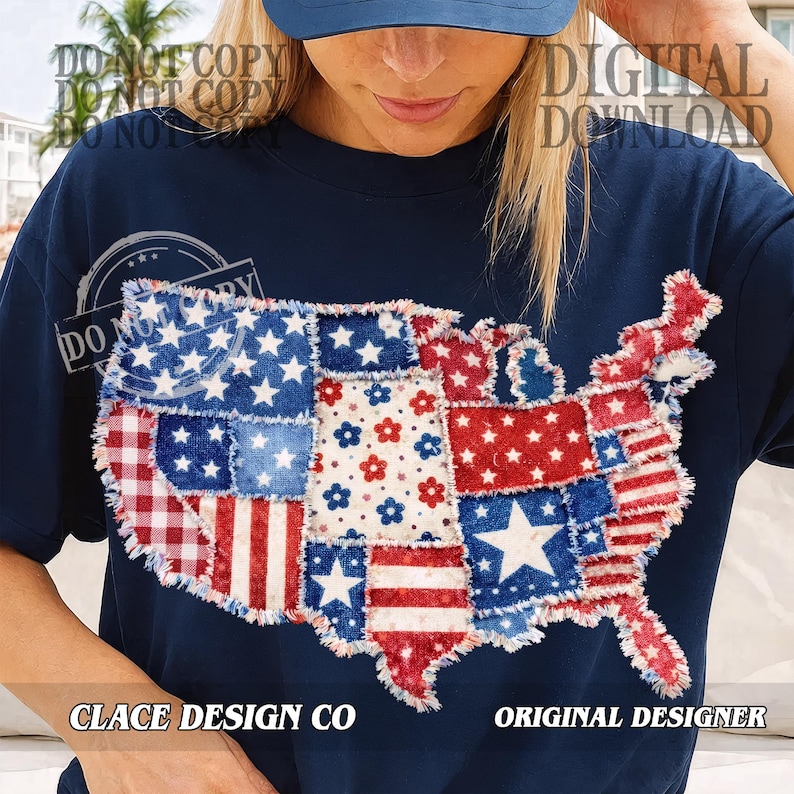 May include: Navy blue t-shirt featuring a patchwork design of the United States map. The map is composed of various patriotic patterns, including stars, stripes, and floral accents. The shirt has the text "CLACE DESIGN CO" and "ORIGINAL DESIGNER".