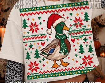 Mallard Christmas PNG: Ugly-Sweater Santa-Hat Duck, Faux-Knit Waterfowl Holiday Sublimation Illustration, Digital Download