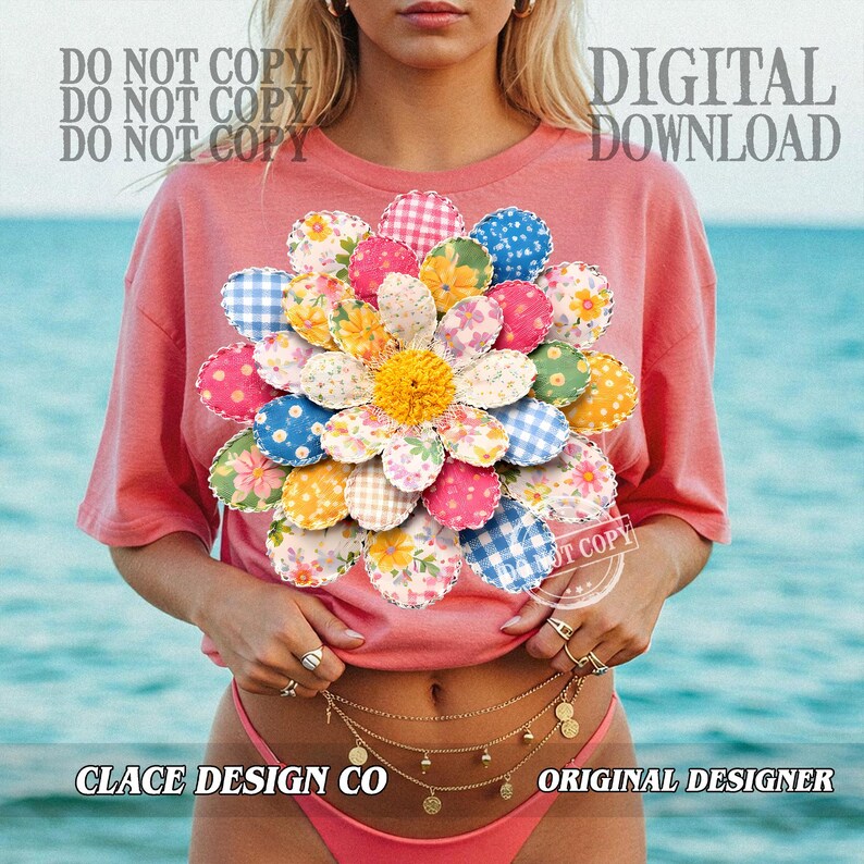 K&ouml;nnte beinhalten: Ein korallenfarbenes T-Shirt mit einem gro&szlig;en, farbenfrohen Blumenmuster aus Stoffflicken. Die Blume hat eine gelbe Mitte und Bl&uuml;tenbl&auml;tter in verschiedenen Mustern und Farben. Die Worte "DIGITAL DOWNLOAD" sind sichtbar. Der Text "CLACE DESIGN CO" und "ORIGINAL DESIGNER" sind ebenfalls sichtbar.