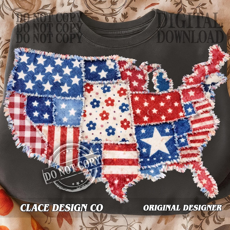May include: Dark gray sweatshirt featuring a patchwork design of the United States map. The map is composed of various patriotic patterns, including stars, stripes, and floral prints in red, white, and blue. The text "CLACE DESIGN CO" and "ORIGINAL DESIGNER" are visible.
