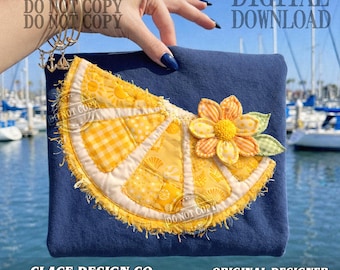 Patchworkowy plaster cytryny PNG, pikowany wzór kratki Gingham z letnimi owocami, grafika Cottagecore Summer Sublimation, letnia cytryna, imitacja cytryny