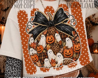 Preppy Halloween Pumpkin White Polka Dots PNG, Halloween Ghost PNG, Pumpkin Season Png, Fall Ghost Png, Spooky Png, Coquette Bow, Aesthetic