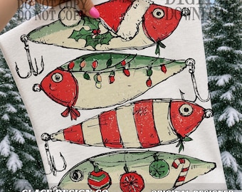 Christmas Fishing Lures PNG: Santa-Hat Candy-Cane Snowflake Baits, Vintage Holiday Sublimation Illustration, Digital-Download
