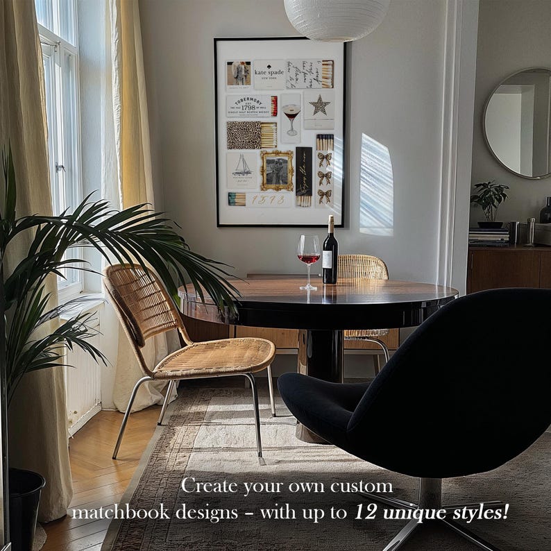 May include: A black and white framed print with a collage of images and text. The print is hanging on a white wall in a room with a wooden table and chairs. The text on the print reads "kate spade" and "1376". The caption below the image reads "Create your own custom matchbook designs - with up to 12 unique styles!"