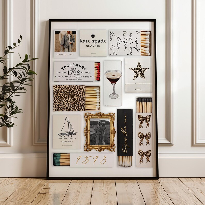 May include: A collage of matchbox labels featuring various designs, including a leopard print, a sailboat, a cocktail glass, a star, and a framed photo. The labels also include text such as "kate spade", "Tobermory", and "Enjoy the now".