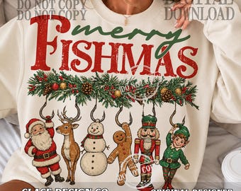 Merry Fishmas PNG: Fishing Christmas Ornaments, Santa Reindeer Snowman Holiday Sublimation Illustration, Digital Download