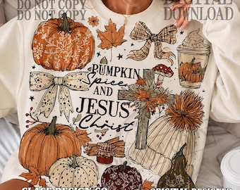 Pumpkin Spice and Jesus Christ Png, Floral Christian Fall Png, Coquette Thanksgiving Png, Pumpkin Bible PNG, Religious Doodle Jesus Cross