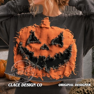 May include: A charcoal gray long-sleeve sweatshirt featuring a large, orange, textured fabric pumpkin appliqué on the front. The pumpkin has a frayed edge design with black fabric cutouts forming the eyes, nose, and a wide, jagged grin.