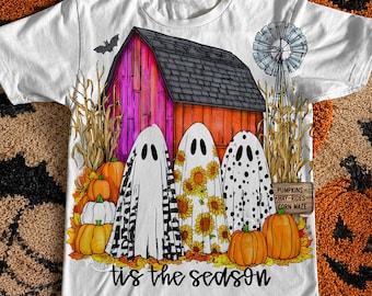 Tis The Season Ghost Trio PNG, Pumpkin Patch Ghosts Design, Farmhouse Halloween PNG, Checkered Floral Polka Dot Ghosts, Fall Shirt Png