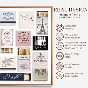 May include: A collection of matchbox labels with various designs, including a coffee roaster, a hotel, a city skyline, a piano, a constellation, and a pair of fish. The labels are all in a vintage style and feature a variety of colors and fonts.