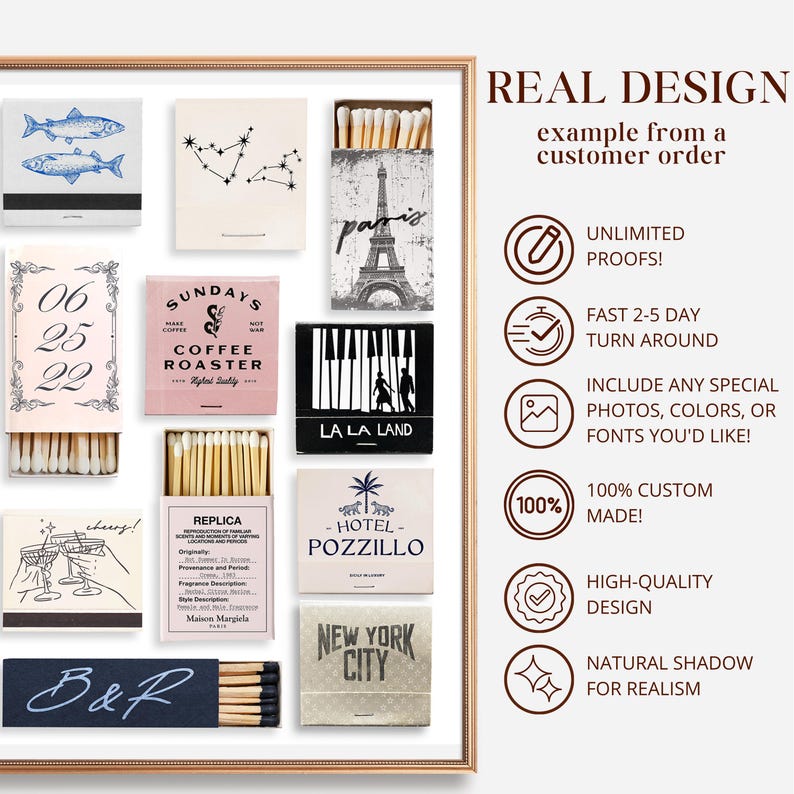 May include: A collection of matchbox labels with various designs, including a coffee roaster, a hotel, a city skyline, a piano, a constellation, and a pair of fish. The labels are all in a vintage style and feature a variety of colors and fonts.