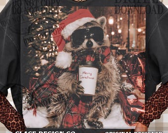 Christmas Raccoon PNG, Cute Raccoon Drinking Iced Coffee, Merry Christmas Png, Holiday Feral Christmas Shirt Design, Winter Digital Download