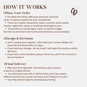 May include: How It Works: A guide to ordering custom matchbooks.  Purchase the listing, send up to 12 special requests, and receive a digital file in 18x24 inches.  You can include logos, dates, or specific images.