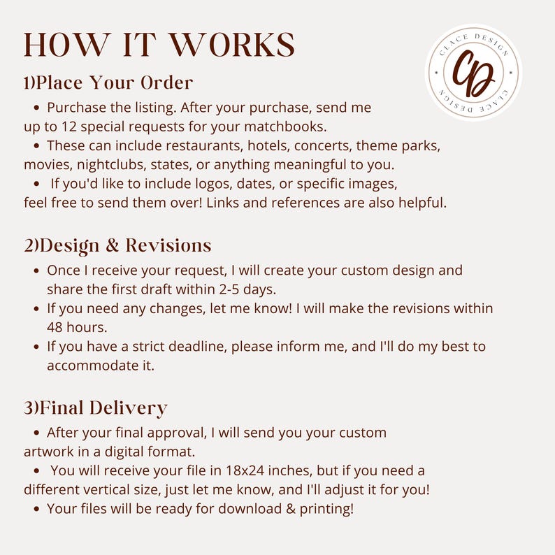 May include: How It Works: A guide to ordering custom matchbooks.  Purchase the listing, send up to 12 special requests, and receive a digital file in 18x24 inches.  You can include logos, dates, or specific images.