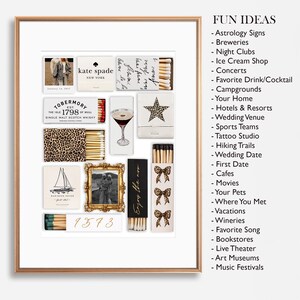 May include: A framed collage of matchbox labels with various designs, including a sailboat, a dog, a martini glass, a star, and the text "Enjoy the now". The labels are arranged in a grid pattern on a white background. The frame is gold.