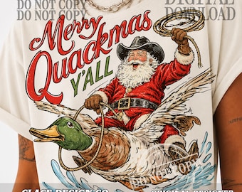 Merry Quackmas PNG: Cowboy Santa Riding Mallard, Western Duck-Hunting Christmas Vintage-Style Sublimation Digital Download