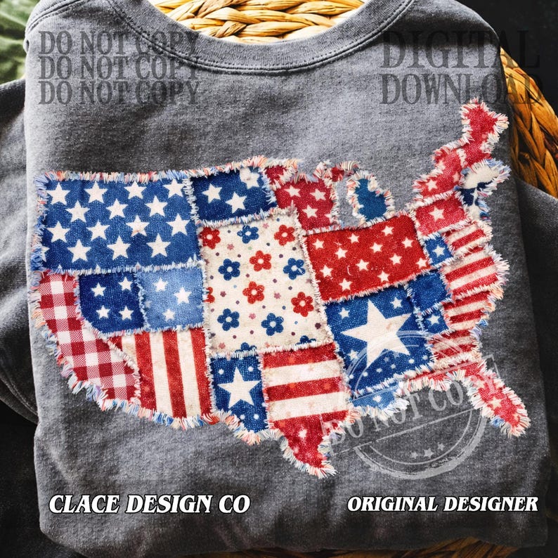 May include: A gray sweatshirt featuring a patchwork design of the United States map. The map is composed of red, white, and blue fabric patches with stars, stripes, and floral patterns. The text "CLACE DESIGN CO" and "ORIGINAL DESIGNER" are visible.