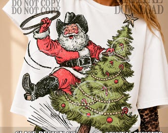 Cowboy Santa PNG: Western Christmas-Tree Rider, Vintage Rodeo Holiday Sublimation Illustration, Festive Digital-Download