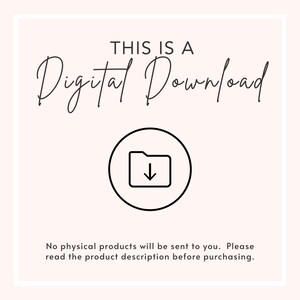 May include: A digital download announcement on a pale pink background. The text "THIS IS A Digital Download" is written in elegant script. A black circle contains a file icon with a downward arrow. The text below states, "No physical products will be sent to you."