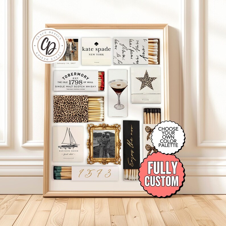 May include: A white frame with a collage of matchboxes featuring various designs, including a leopard print, a sailboat, a photo, and text. The text includes "kate spade", "TOBERMORY", "Enjoy the now", and "1373". The frame is surrounded by a white wall and a wooden floor.