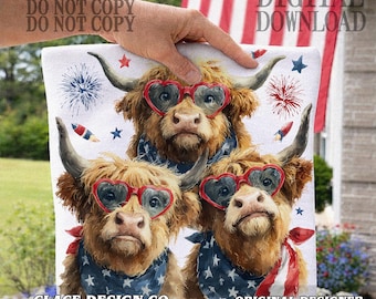 Retro 4 lipca Highland Cow Png, Patriotyczny Western Sublimacyjny Wzór, Kokietka Kratka Kokarda USA Grafika Wolności, Krowa 4 lipca