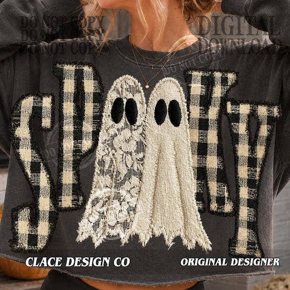 Spooky Ghost PNG, Gingham Halloween Sublimation Design, Lace Ghost Shirt Graphic, Cute Vintage Halloween Digital Download