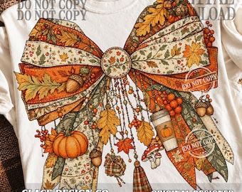 Coquette Preppy Fall Charms Bow Pumpkin PNG, Thankful Turkey PNG, Pumpkin Season Png, Cozy Season Png, Aesthetic Png, Fall Floral Gingham
