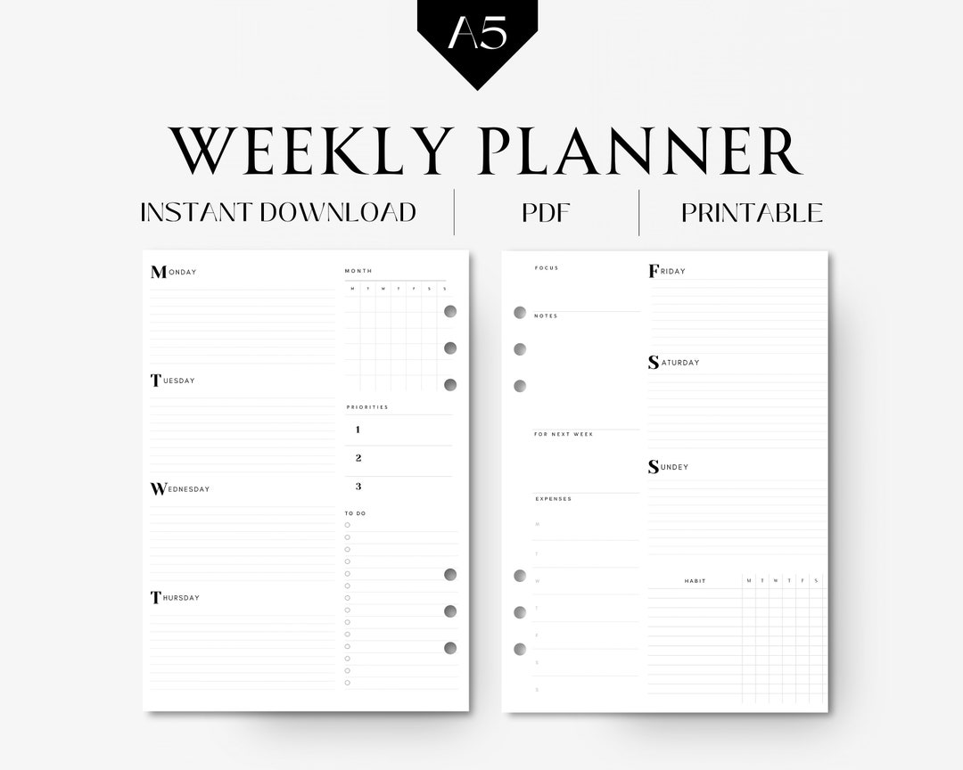 Undated Weekly Planner A5 Printable Planner Inserts Weekly - Etsy