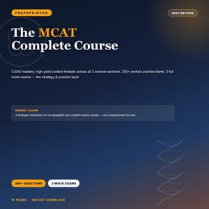 Könnte beinhalten: Ein dunkelblaues digitales Dokument mit dem Titel The MCAT Complete Course 2026 Edition von Prepsprintco. Es enthält Text über CARS-Beherrschung, 200+ Übungsaufgaben, 2 Probeklausuren und 95 Seiten. Ein Kasten namens Honest Scope beschreibt es als strategischen Begleiter.