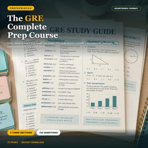 May include: A GRE study guide document featuring sections on vocabulary, geometry, algebra, and data interpretation. The page includes a right triangle diagram, a bar graph, and multiple-choice questions. The text includes 'The GRE Complete Prep Course' and 'A Stronger Vocabulary Opens a Wider World' printed on white paper.