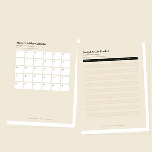 May include: A digital planner set featuring a Master Holiday Calendar with a grid for dates and a Budget & Gift Tracker with columns for recipient, gift, budget, and spent. The pages have a cream background with black text and minimalist lines.