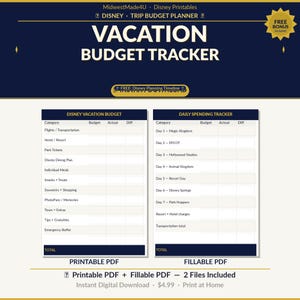 May include: A digital printable vacation budget tracker with a navy blue header and a cream-colored background. The text "VACATION BUDGET TRACKER" is in large gold letters. Includes sections for Disney vacation budget and daily spending tracker.
