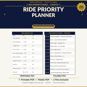 May include: A digital Ride Priority Planner for Hollywood Studios, featuring a ride priority list and a daily schedule. Includes a printable PDF and a fillable PDF. The planner is available for instant download.