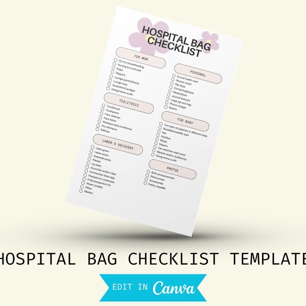 hospital bag checklist editable template, printable, canva, essentials, organizer, for mom, planner, items, delivery, hospital birth, guide