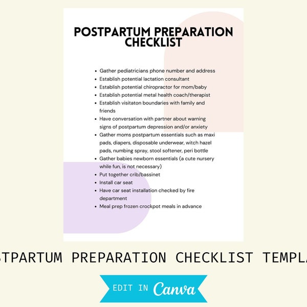 postpartum preparation checklist template, editable, printable, canva, post delivery, recovery, healing, newborn, new mom, guide, planner